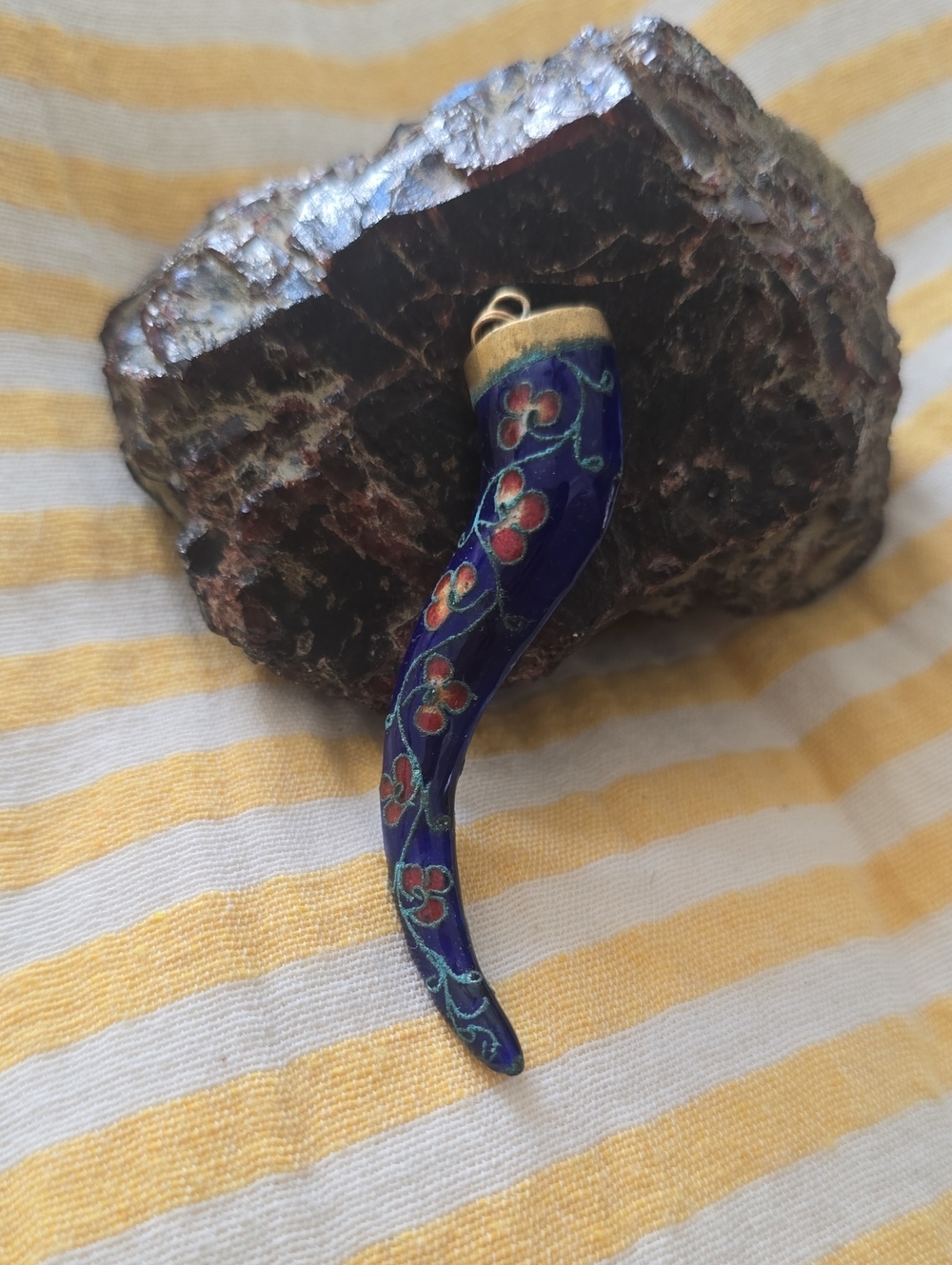 Blue Cloisonné Floral Horn Pendant Necklace with Gold Cap